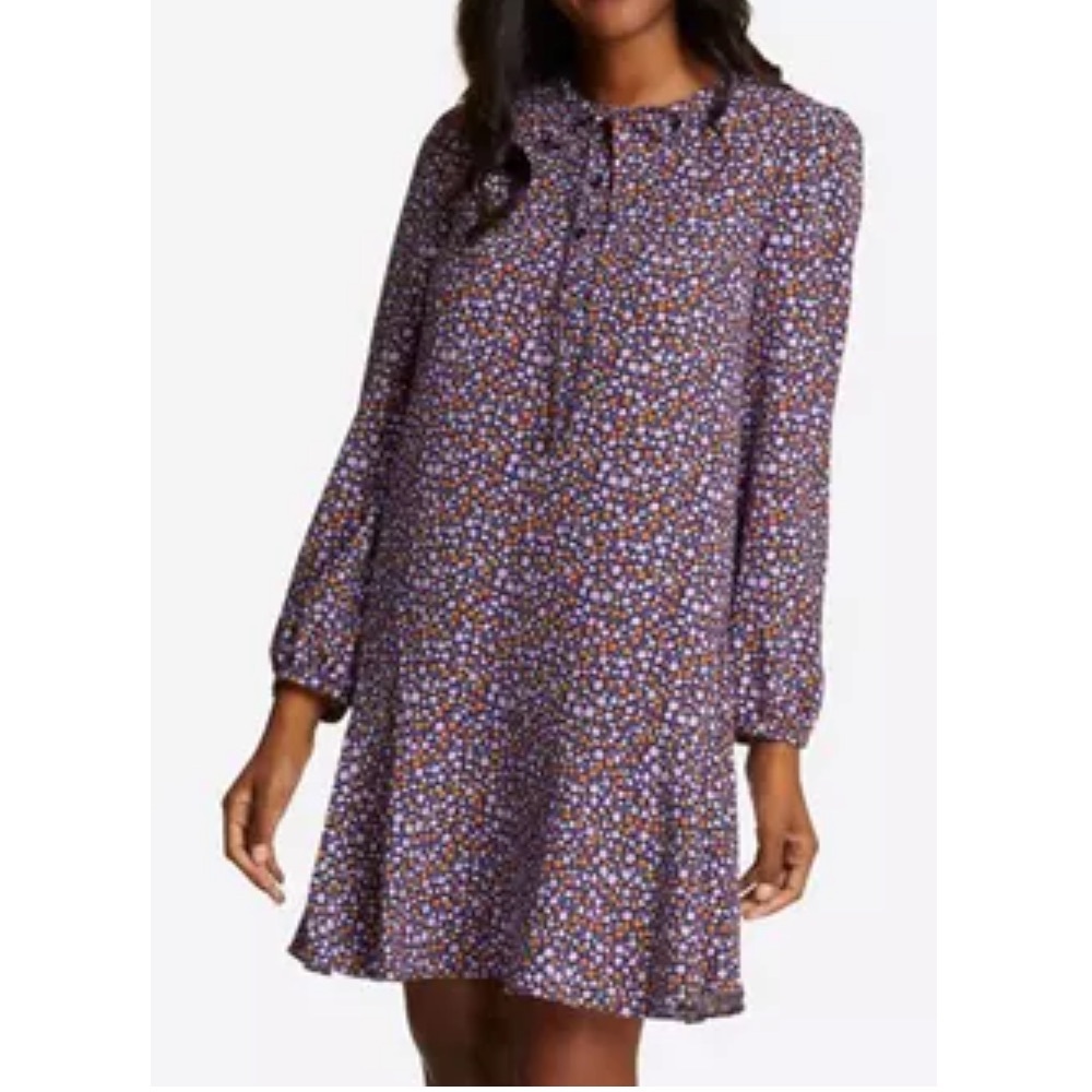 Draper James Navy Purple Ditsy Floral Roseanne Tie-Neck Shift Flounce Dress 2X